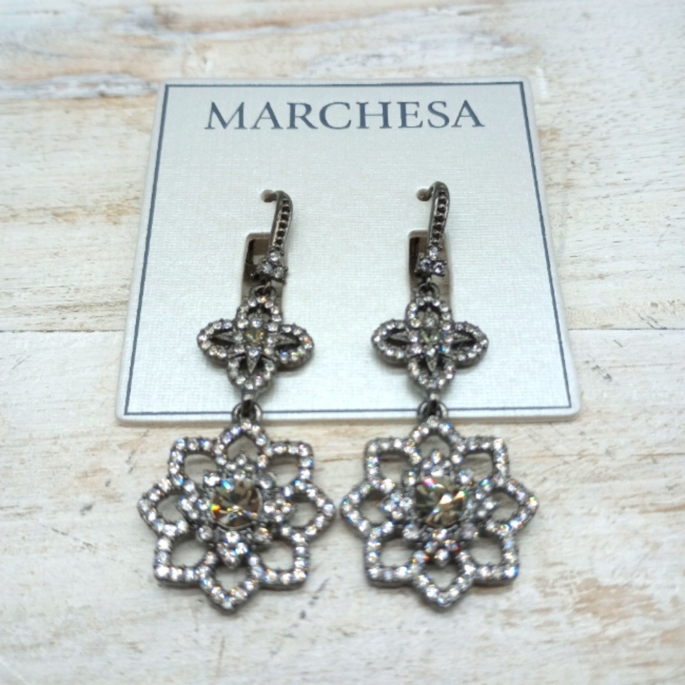 Marchesa Silver Crystal Floral Drop Earrings